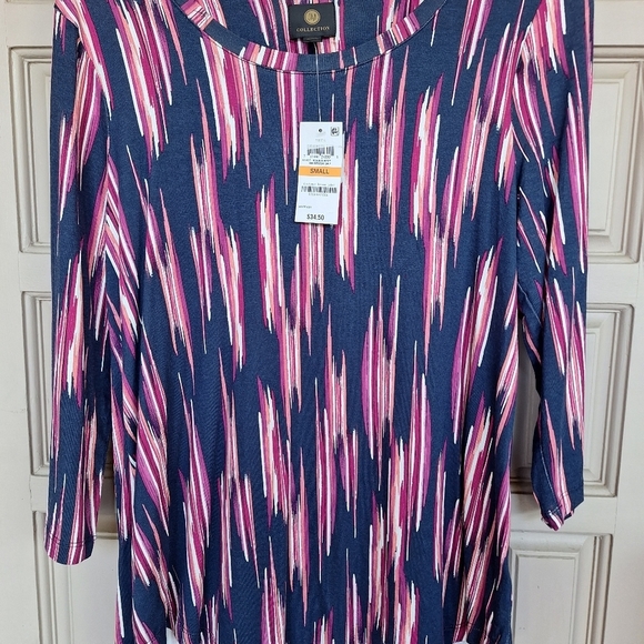 JM Collection SzS 3/4Sleeve Round Neck Curved Hem Stripes/Navy NWT MSRP $38 - Picture 5 of 7